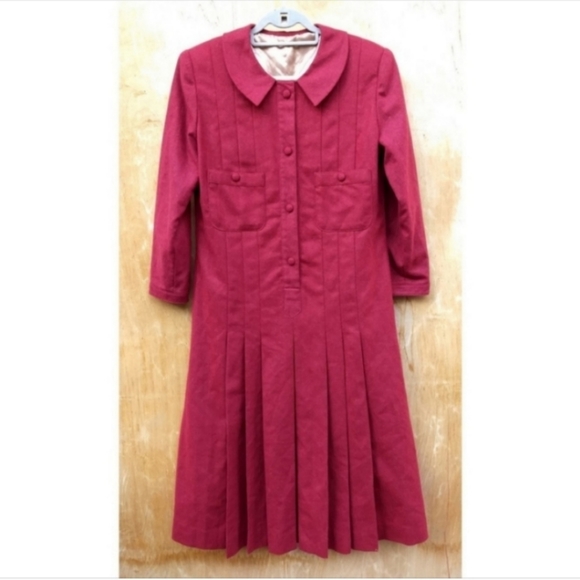 Vintage 1940s red drop waist pleated long sleeve coat midi dress large - Picture 1 of 6